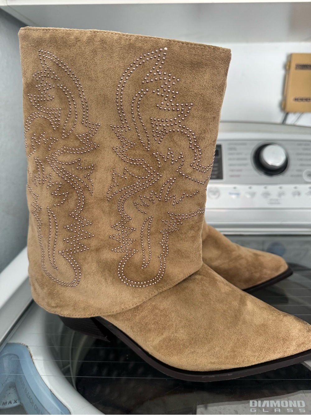 Studded Western Mid-Calf Bootie in Tan Suede